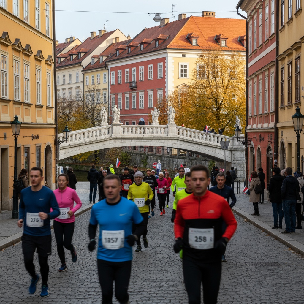 Hero image of Ljubljana Marathon runners along the Ljubljanica River with the castle in background