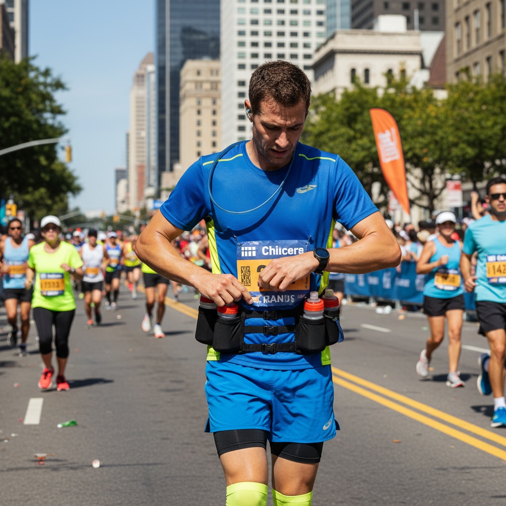 Marathon runner checking gear at finish line