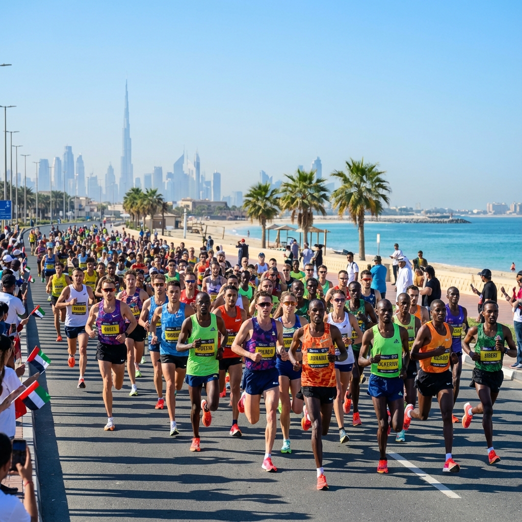 Runners at the start line with Burj Al Arab in background at dawn