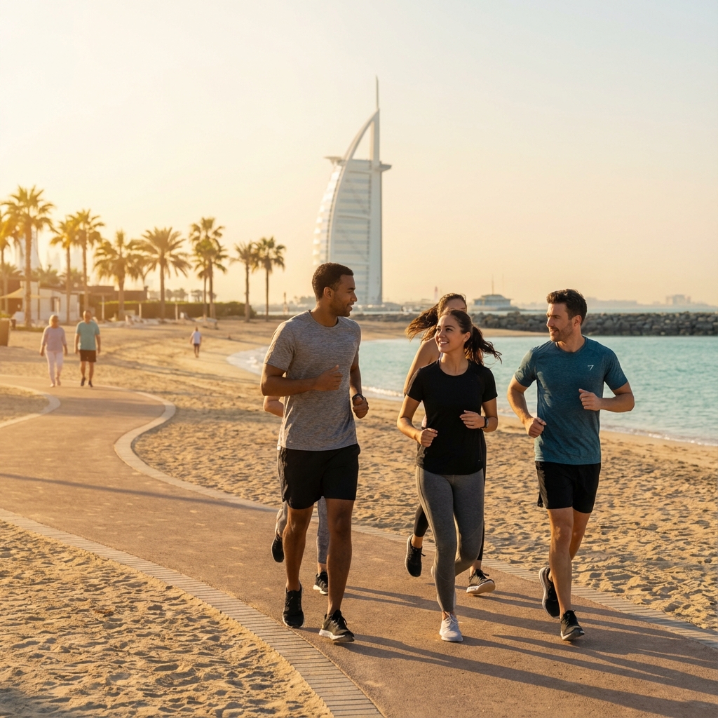 Runners training along Jumeirah Beach Road with city skyline