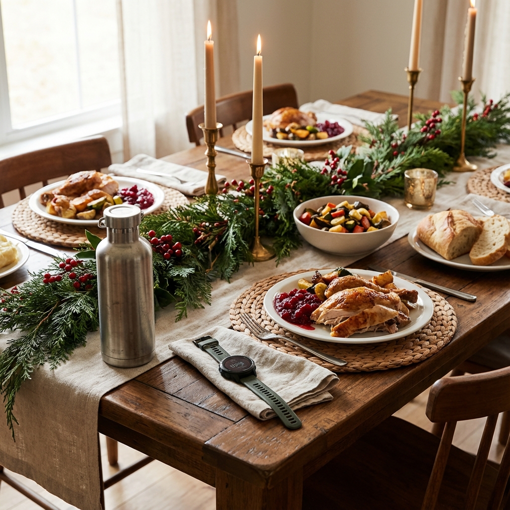 Festive holiday table with traditional foods alongside a water bottle and running watch