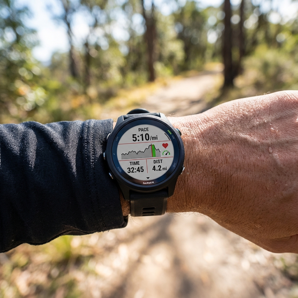 Inline image showing Garmin watch interface displaying training metrics during a run
