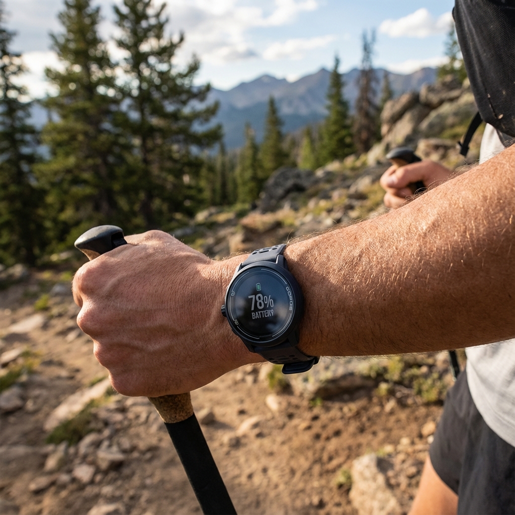 Inline image showing COROS watch on trail with battery life indicator