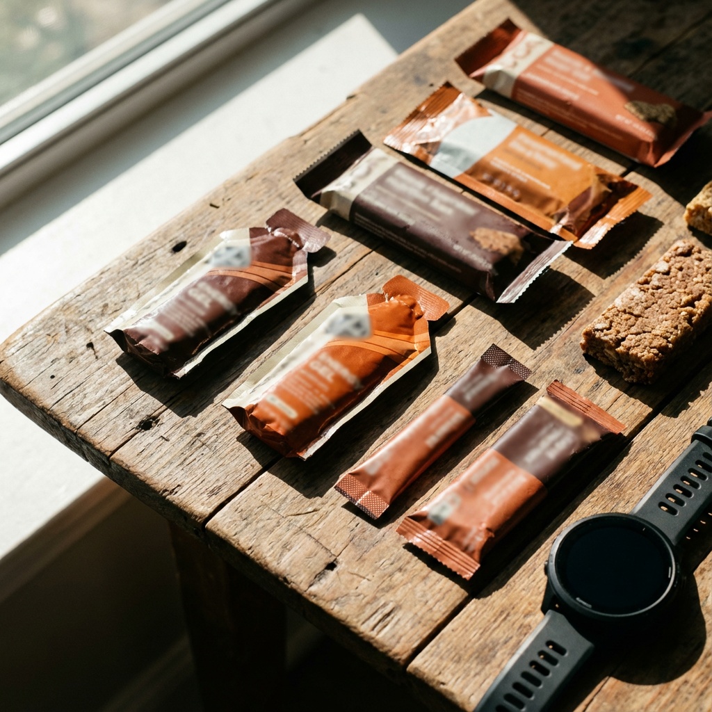 Close-up of energy gels, sports drink bottle, and running nutrition products laid out on wooden surface, natural lighting, product packaging visible