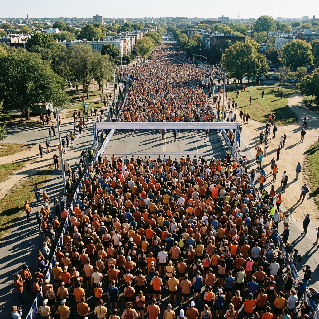 Overhead view of marathon start line with thousands of runners packed together, colorful race bibs, early morning light