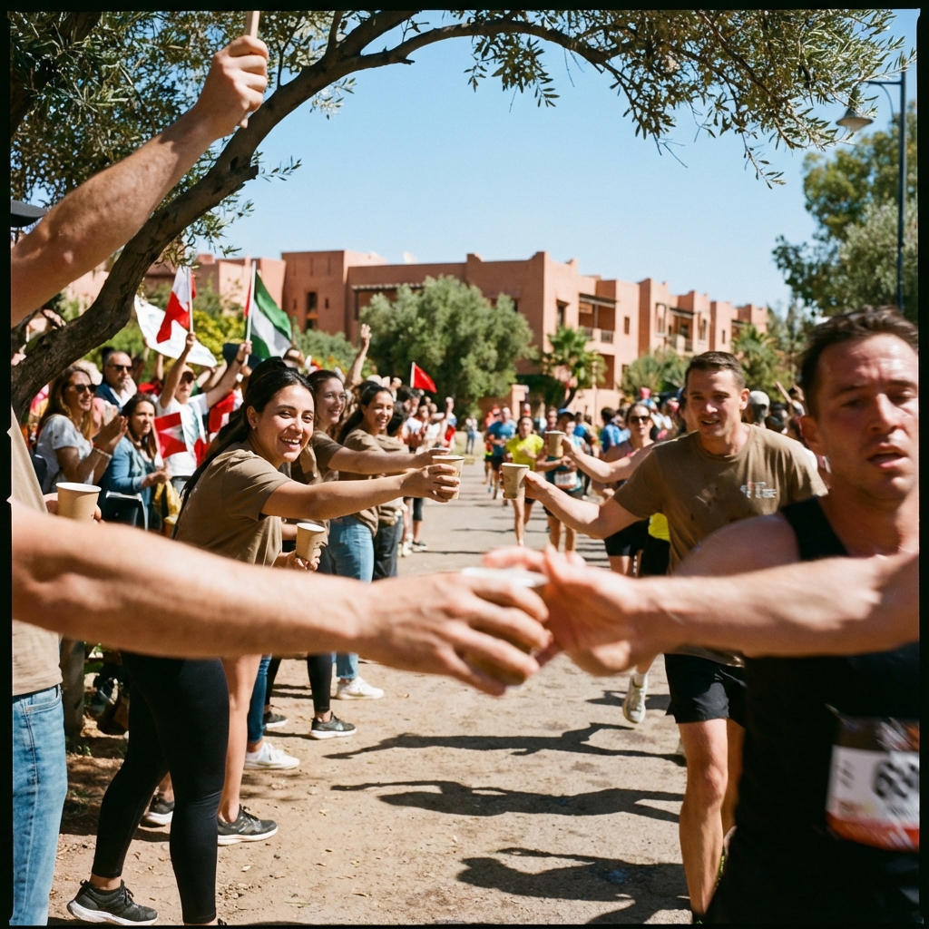 Runner's hand reaching for water cup at aid station, volunteers in background, motion blur, race atmosphere