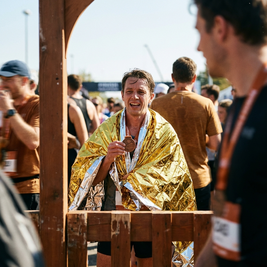 Marathon finisher wrapped in foil blanket holding medal, genuine expression of exhaustion and achievement, other runners visible in background