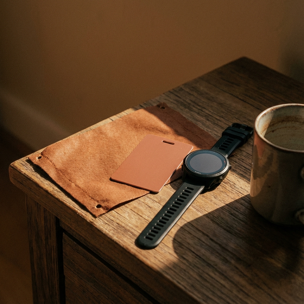 Close-up of hotel room key card, race bib number, and running watch with screen OFF laid on bedside table, warm morning light