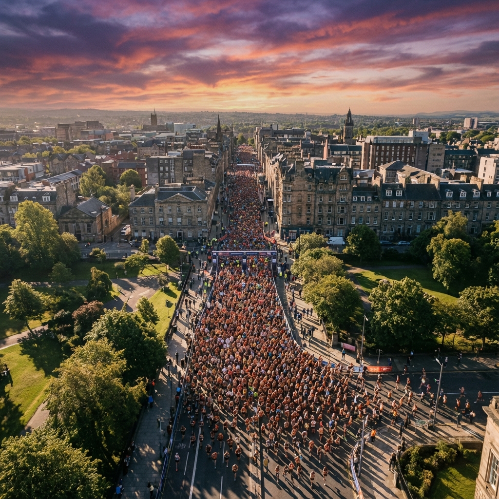 Aerial overhead view of early morning race start area with crowds gathering, city buildings in background, purple and orange sunrise sky