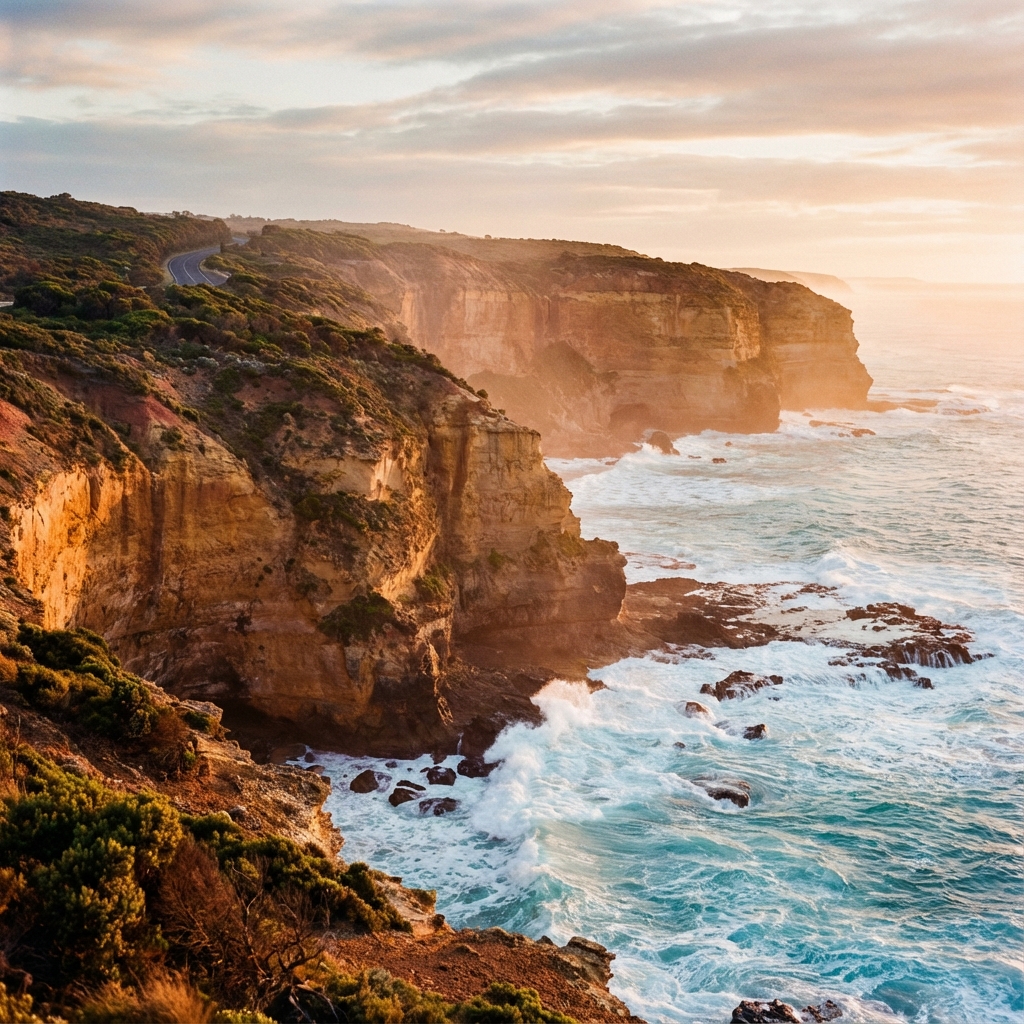 Dramatic limestone cliffs rising from the turquoise Southern Ocean along the Great Ocean Road coastal route