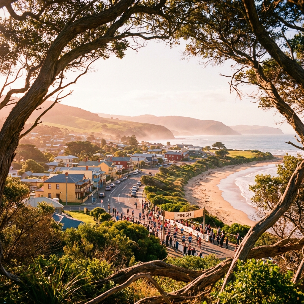 Coastal town of Apollo Bay nestled between green hills and the Southern Ocean at the marathon finish area
