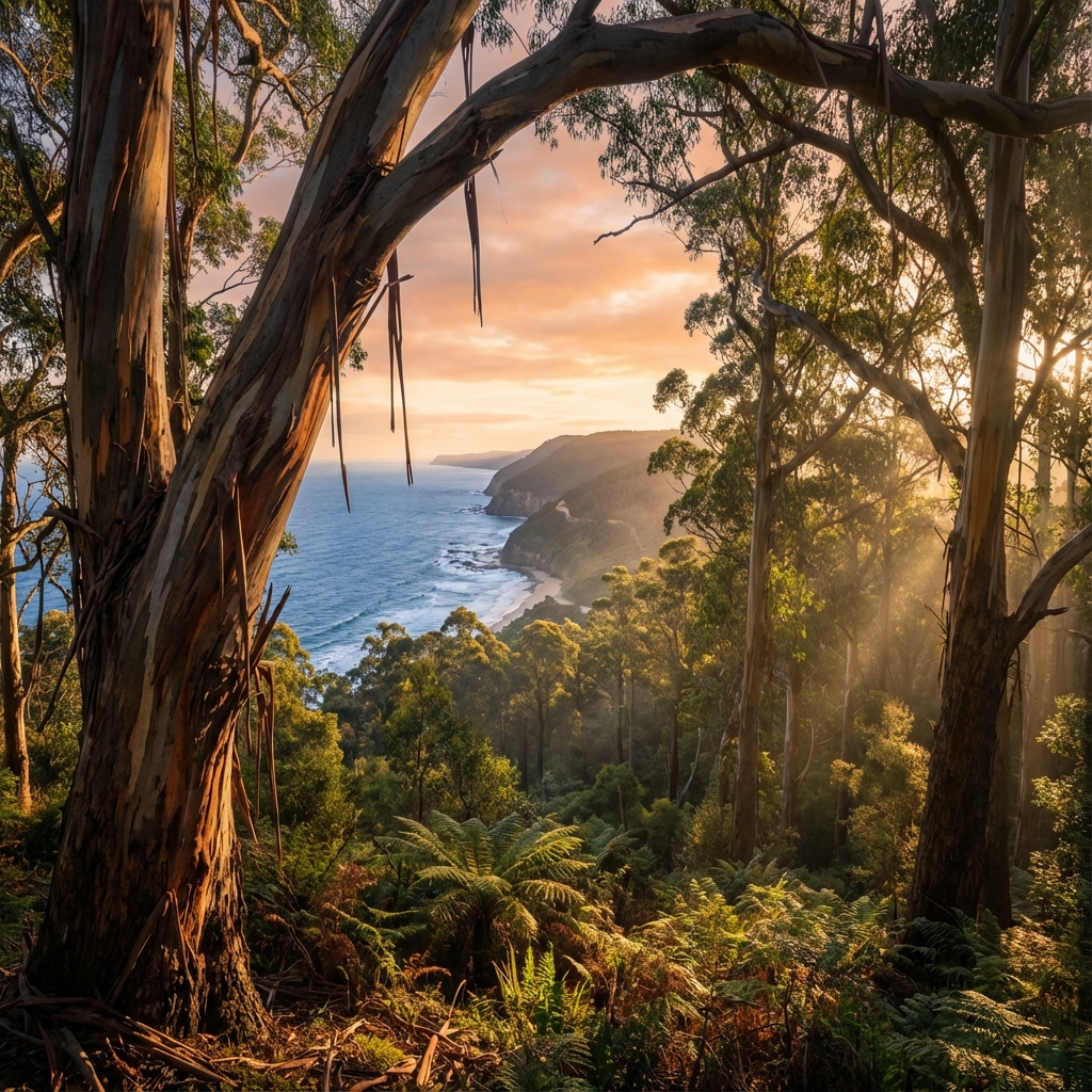 Eucalyptus forest meeting the ocean along the Great Ocean Road with morning light filtering through native trees