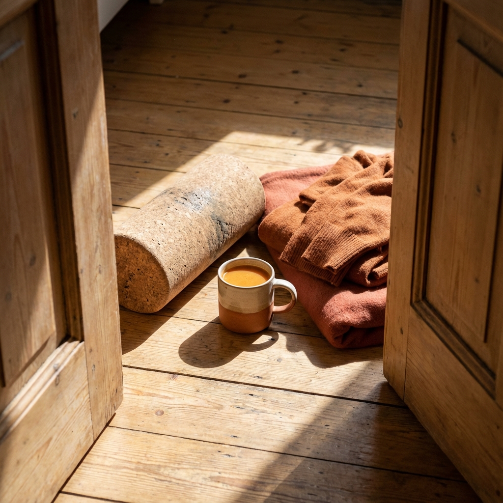 Runner's gear laid out thoughtfully on wooden floor - foam roller, recovery drink, comfortable clothes, showing intentional rest setup