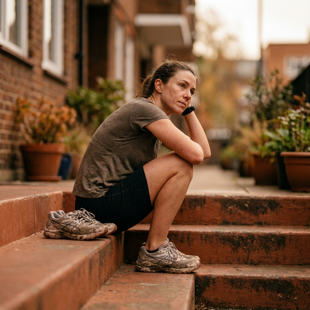 Runner sitting alone on apartment steps in morning light, looking contemplative with running shoes beside them