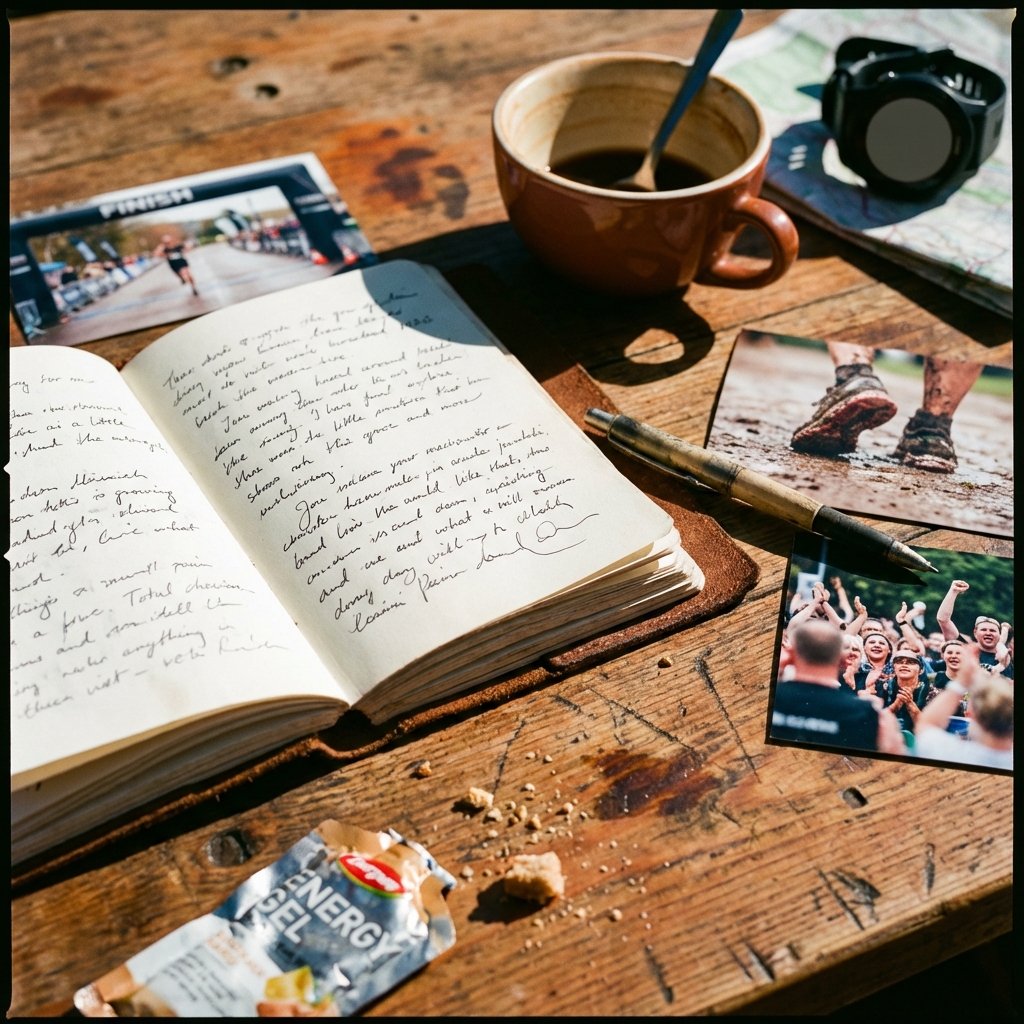 Journal open on table with coffee cup, showing handwritten training reflections and race photos