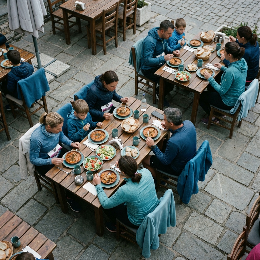 Local restaurant terrace filled with diners during marathon weekend, showing the economic impact on small city hospitality sector