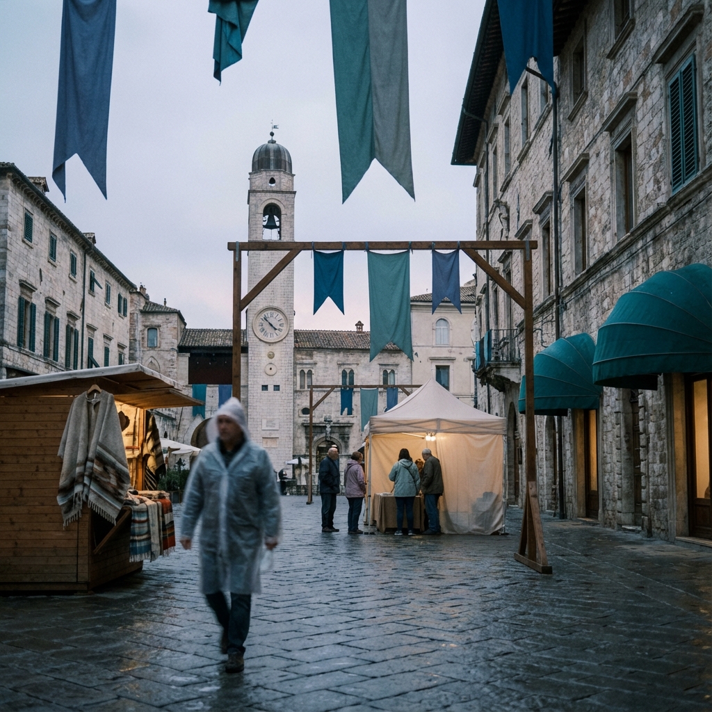 Historic town square transformed with marathon signage and local vendors, demonstrating place branding through running events