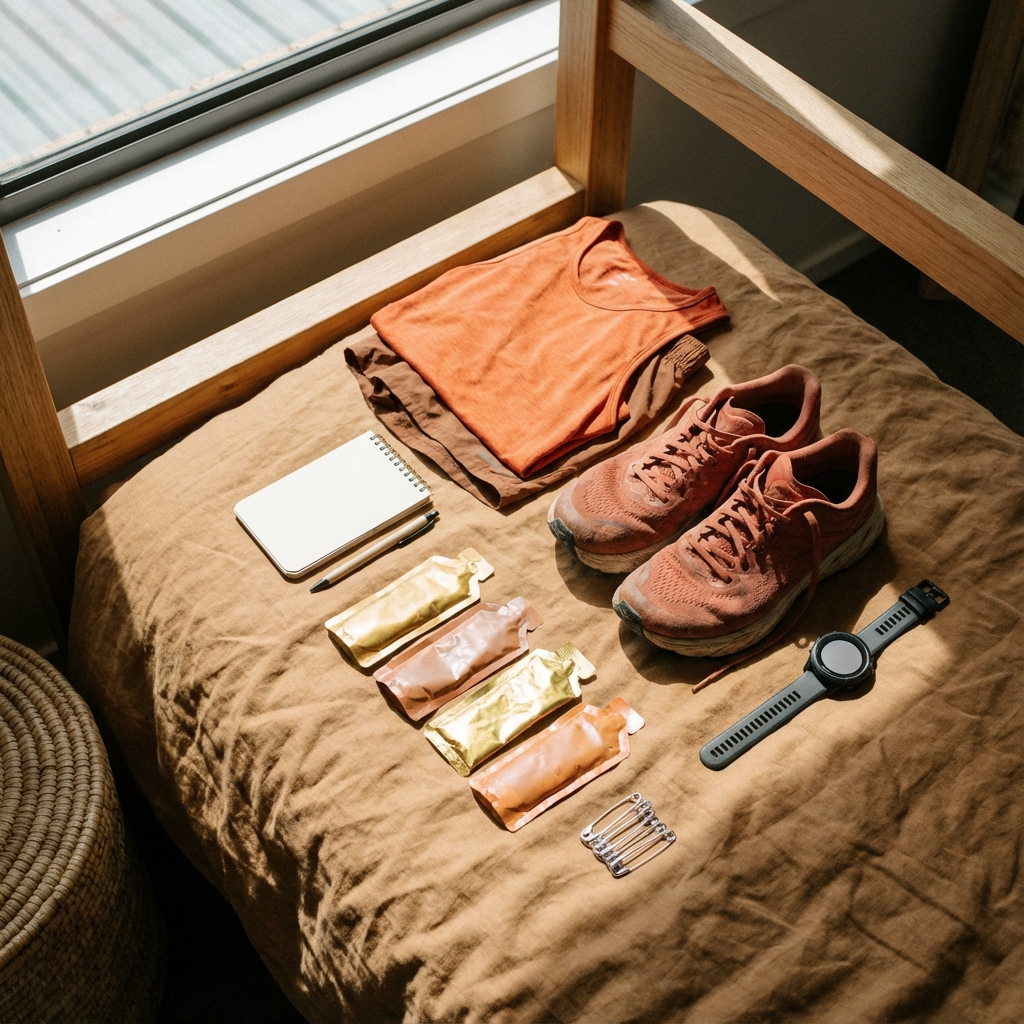 Pre-race preparation checklist and gear layout the night before marathon