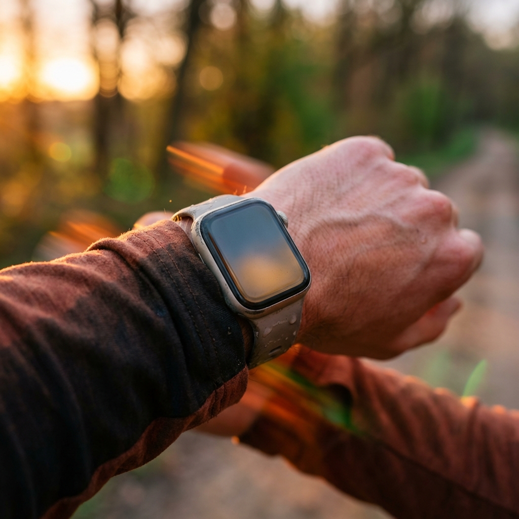 Runner checking pace on watch during early miles of marathon training run