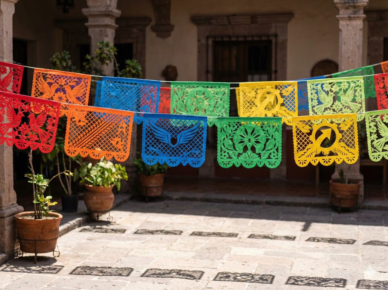 Colorful papel picado banners and Mexican decorations hanging across a race course