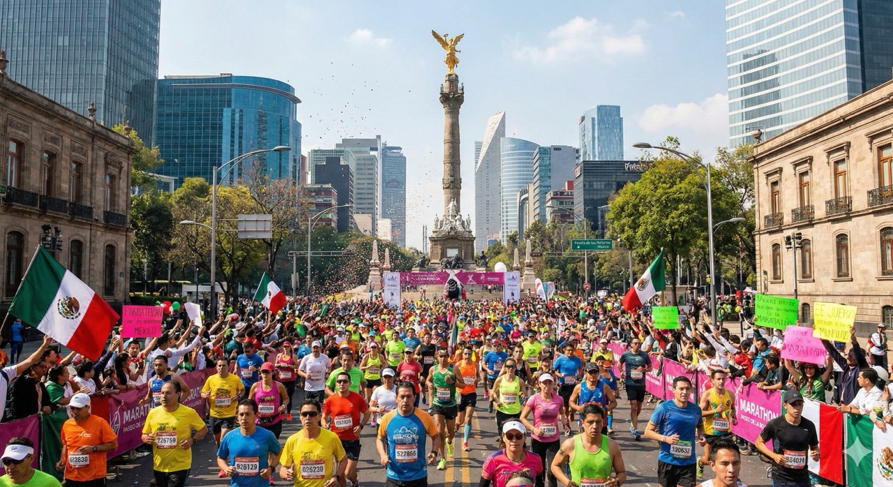 Runners in Reforma with El Ángel de la Independencia in the background