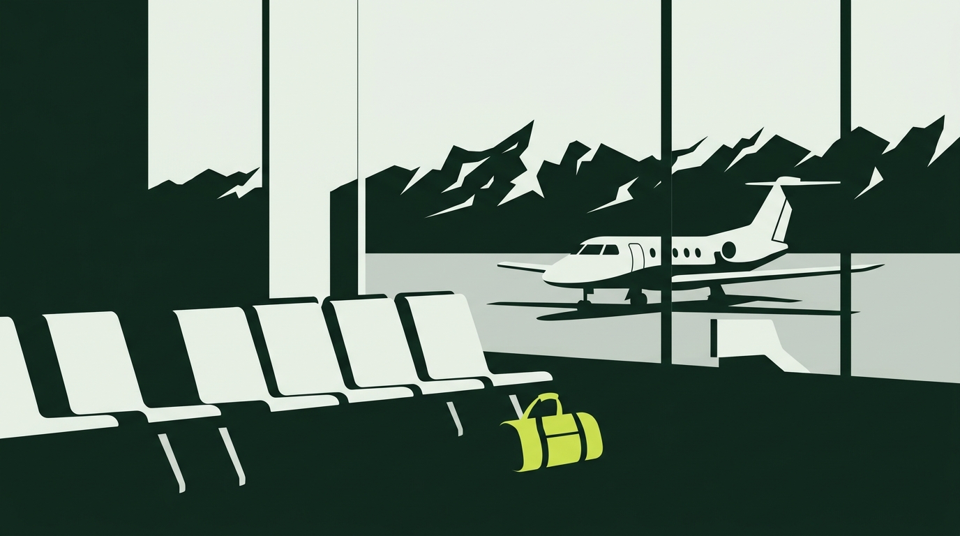 Editorial illustration of an empty airport departure gate, with a small aircraft and a mountain range beyond the window wall and a single runner's duffel bag left on the floor