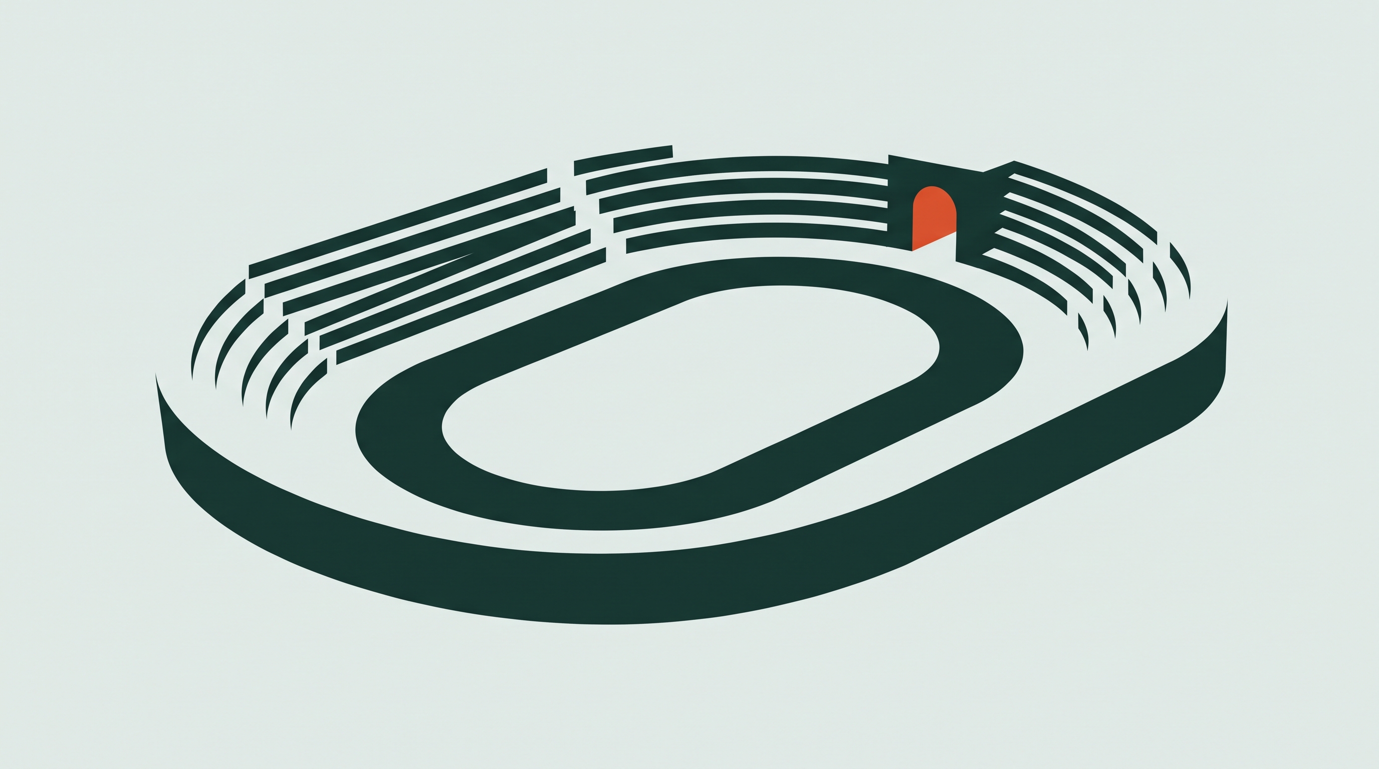 Flat illustration of an empty early-twentieth-century athletics stadium seen from a high angle, its oval track ringed by plain terracing, with a single archway set into the far side of the terracing picked out in orange