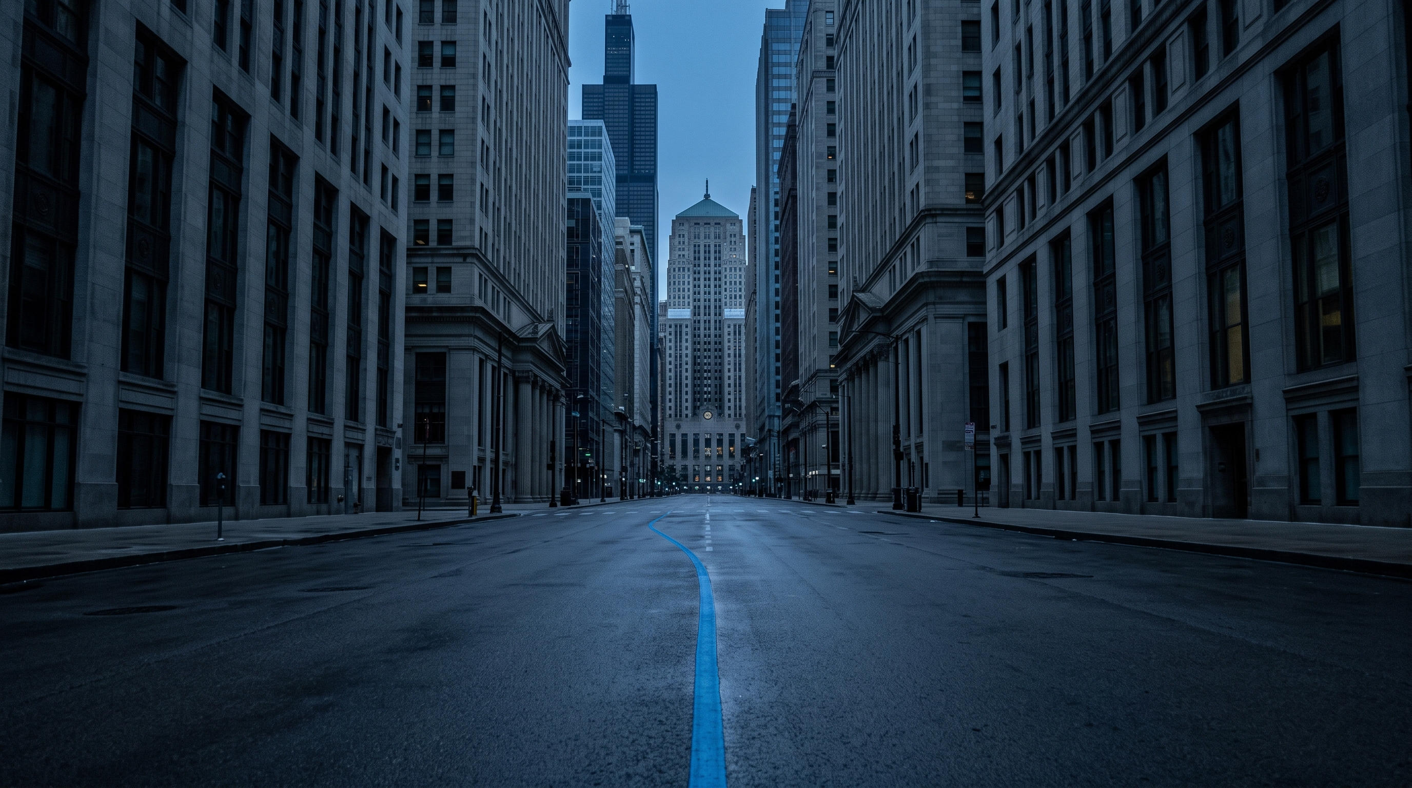 A blue tangent line painted down the middle of a deserted downtown Chicago street before dawn, tall stone towers closing in on both sides and the sky reduced to a narrow strip overhead
