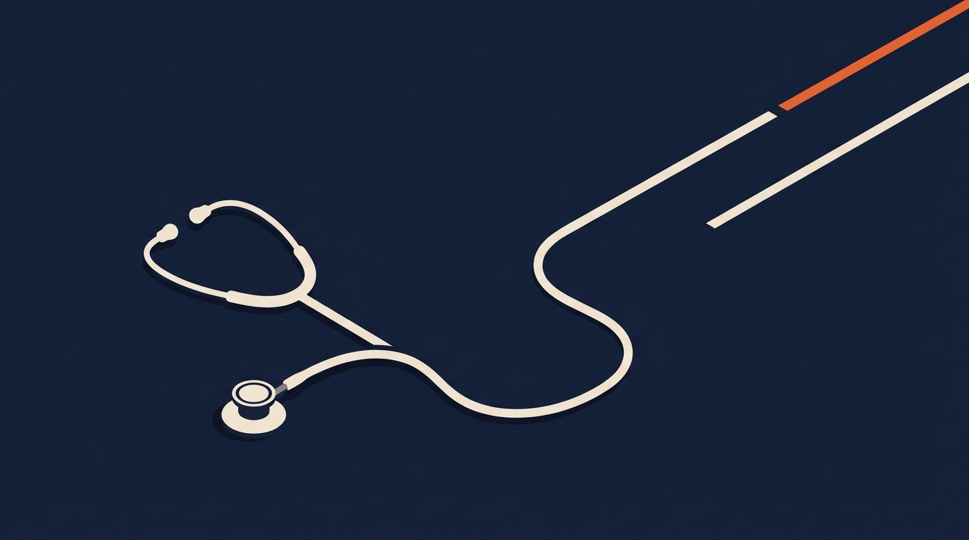 A flat illustration of a stethoscope whose tubing curves away and straightens out into a painted lane line on an open road
