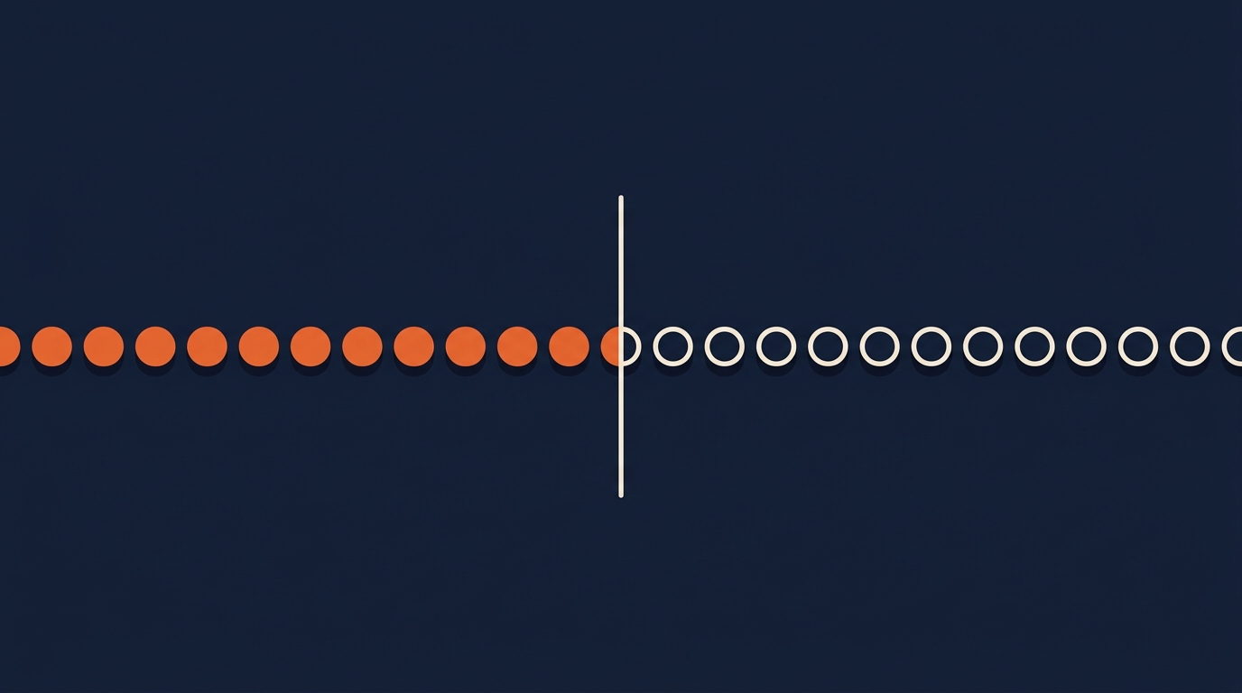 A long row of evenly spaced circles crossed by one vertical line, with every circle on the left filled solid and every circle on the right left as an empty outline