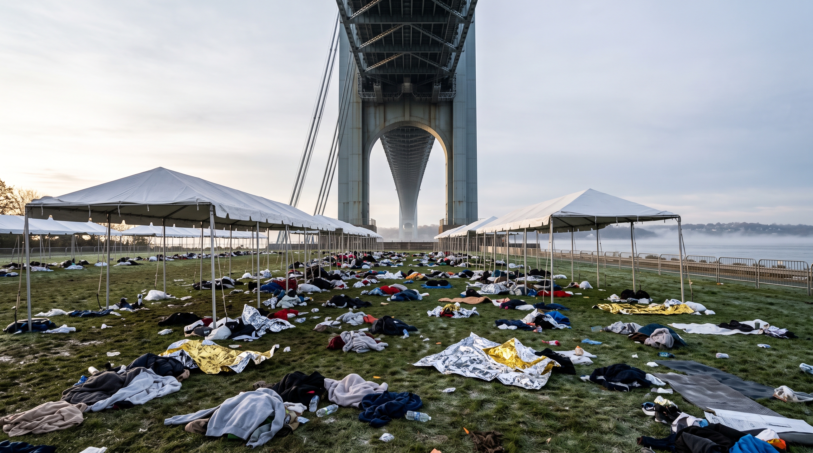 Empty tents and a field of discarded clothing and foil blankets at Fort Wadsworth, under the Verrazzano-Narrows tower, after the last wave has left