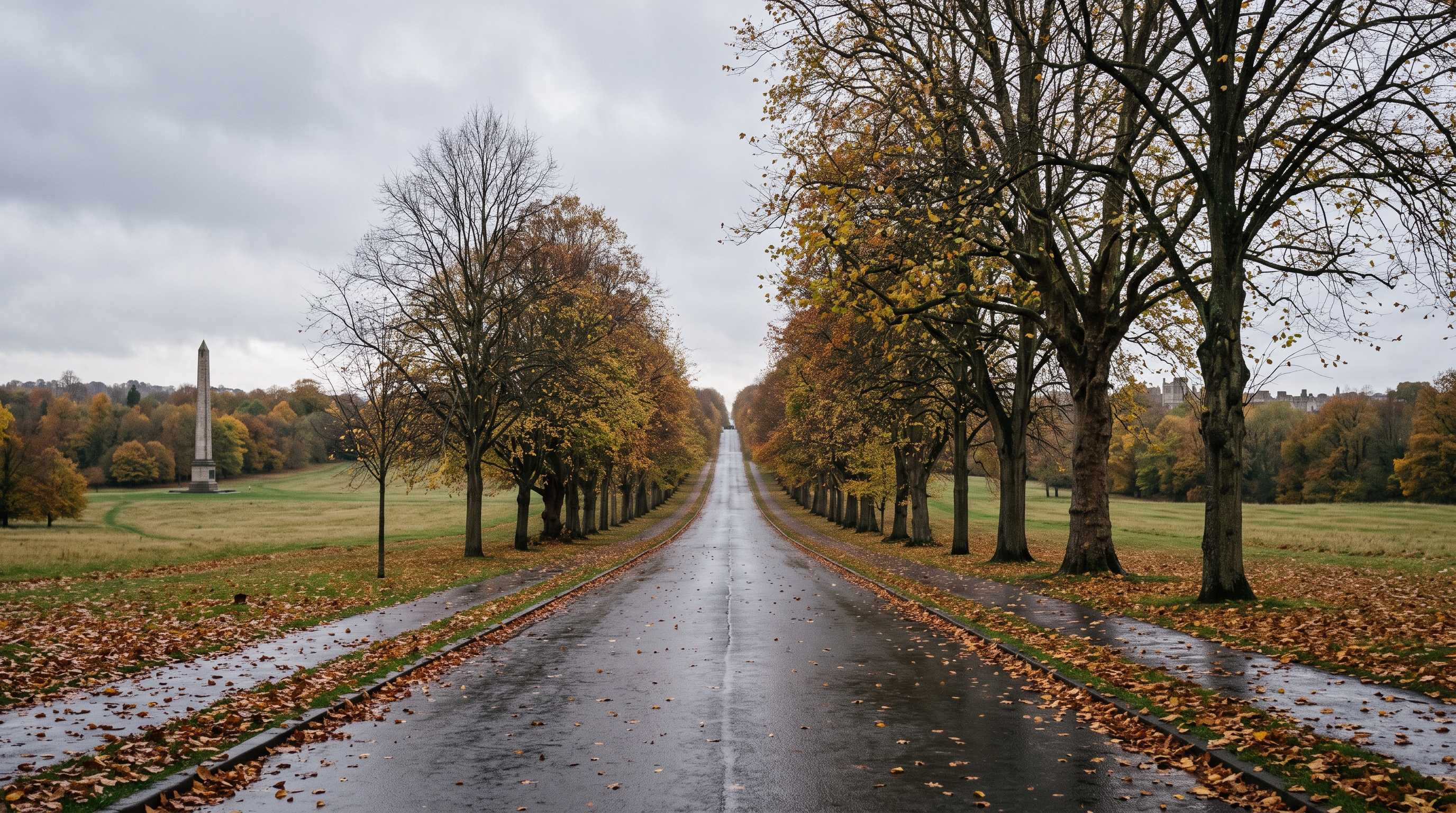 A long, straight tree-lined avenue rising gently toward a distant vanishing point on a wet, overcast autumn morning, with a stone obelisk standing in the parkland on the left