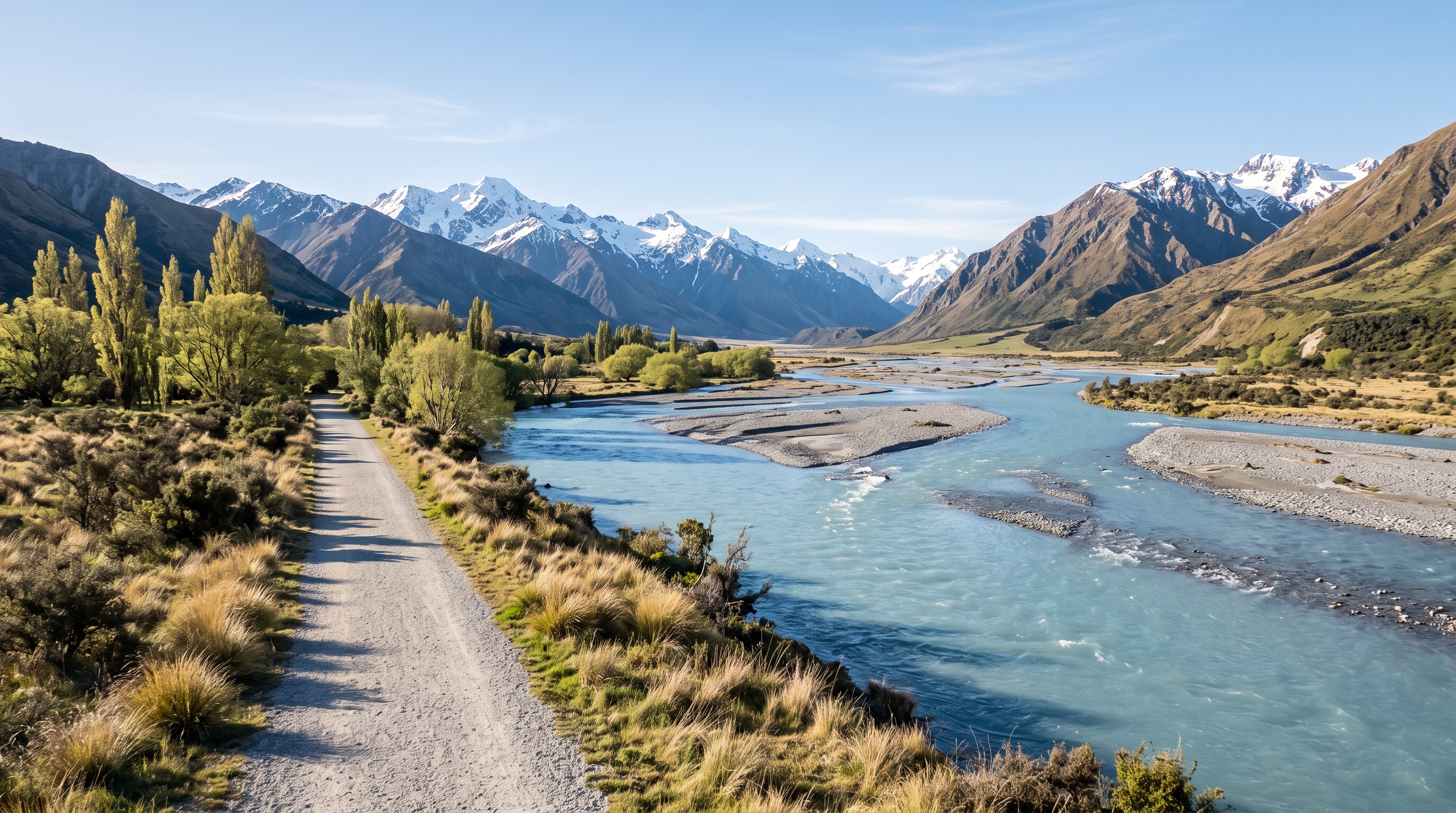 An empty, flat gravel trail running beside a braided turquoise river, with golden tussock on the bank and snow-dusted mountains beyond under a clear morning sky