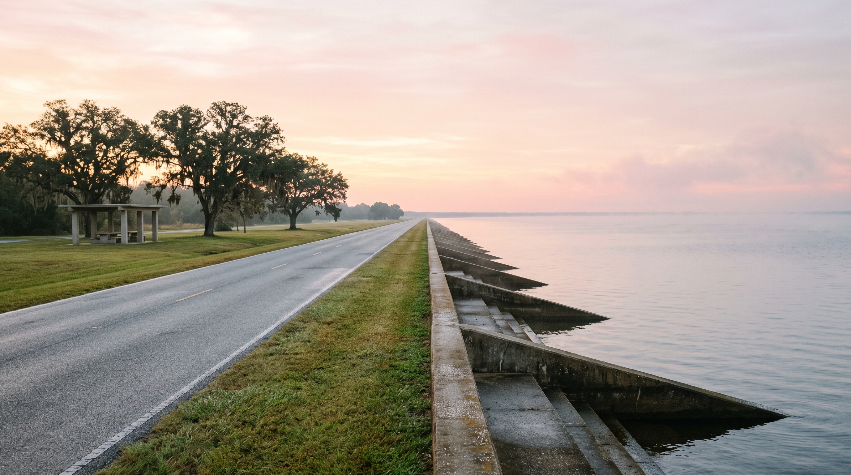 An empty two-lane lakefront road at dawn, with live oaks and an open concrete picnic shelter on the grass to the left and a stepped concrete seawall dropping into a calm, misty lake to the right