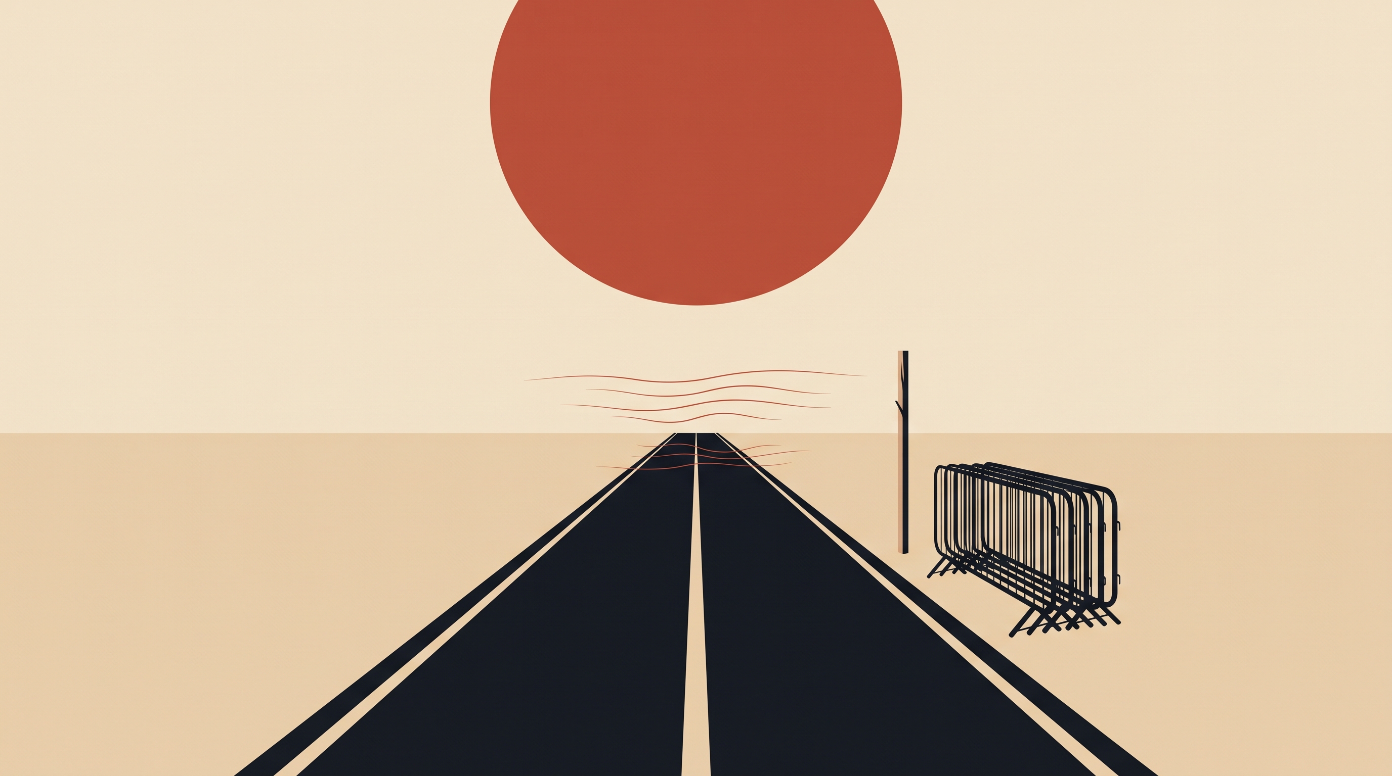 Flat illustration of an empty road running to the horizon under a large red summer sun, with a stack of unused crowd barriers beside it