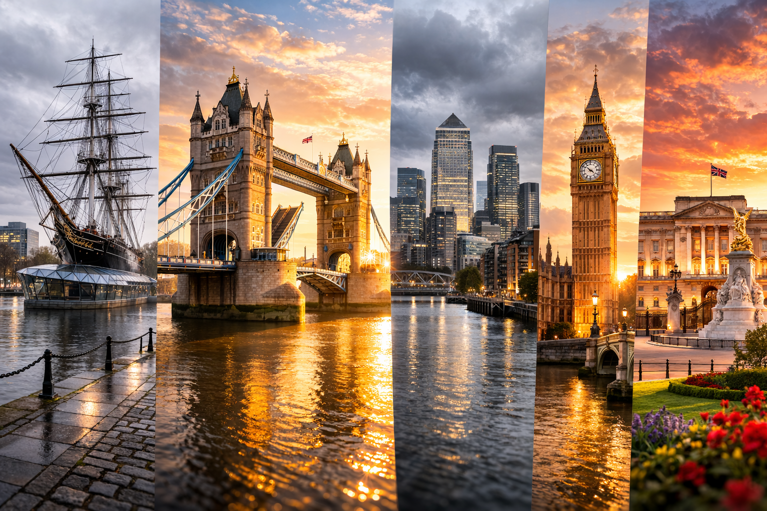 A vertical illustrated emotional-energy arc mapped to the London Marathon course. The x-axis represents miles 1-26.2. The y-axis represents energy/crowd intensity. The line starts moderate, rises to a sharp peak at miles 12-13 (Tower Bridge zone, colored bright orange), dips into a long valley through miles 14-21 (Canary Wharf, colored muted blue-gray), then rises steeply again for the final 4 miles (Embankment/Mall, colored warm orange). Simplified London landmark silhouettes sit along the bottom at their corresponding mile markers: a small ship for Cutty Sark, bridge towers for Tower Bridge, rectangular towers for Canary Wharf, a clock tower for Big Ben. Dark navy background, no text or labels, clean data-art style. 16:9 widescreen.